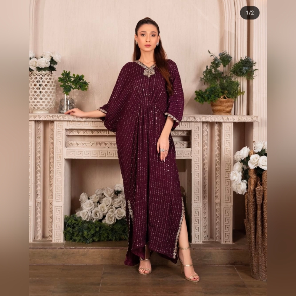 Elegant Wine Purple Embellished Women Kaftan